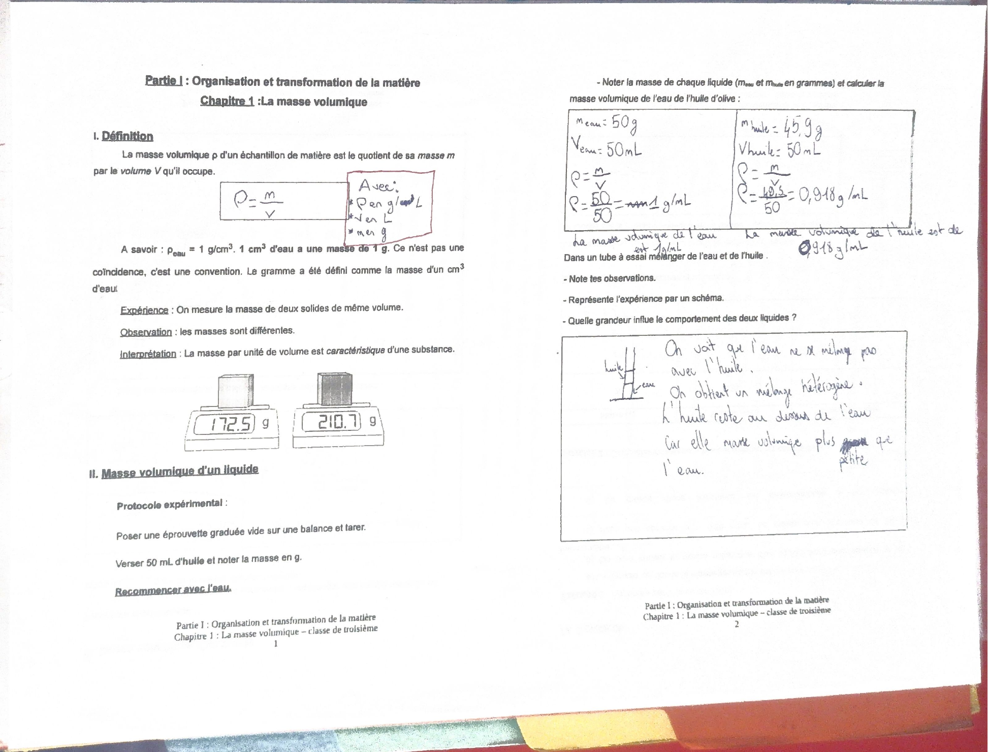 Fiche de masse volumique avec les calculs eau et huile