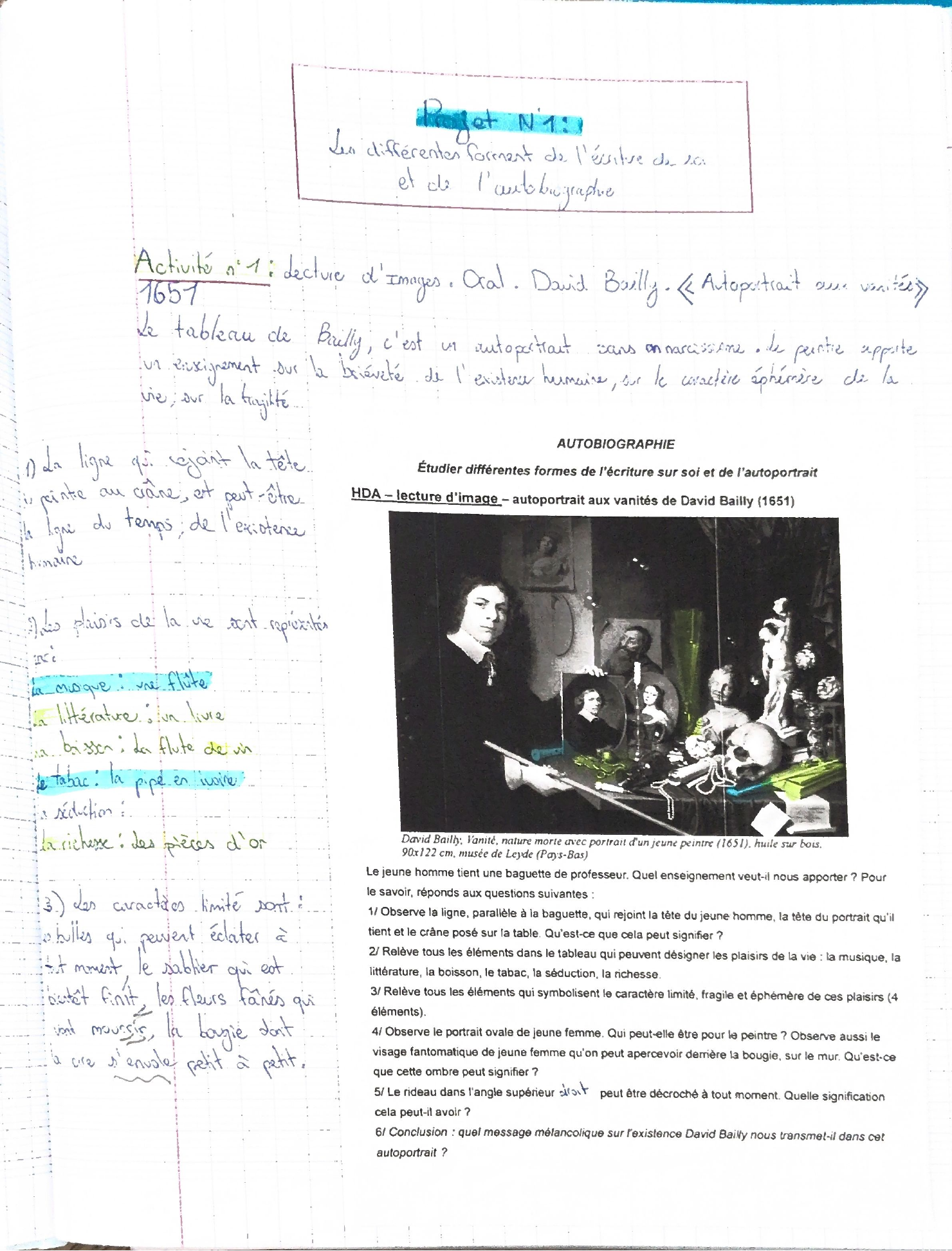Page du cahier : reproduction du tableau de David Bailly et tes réponses