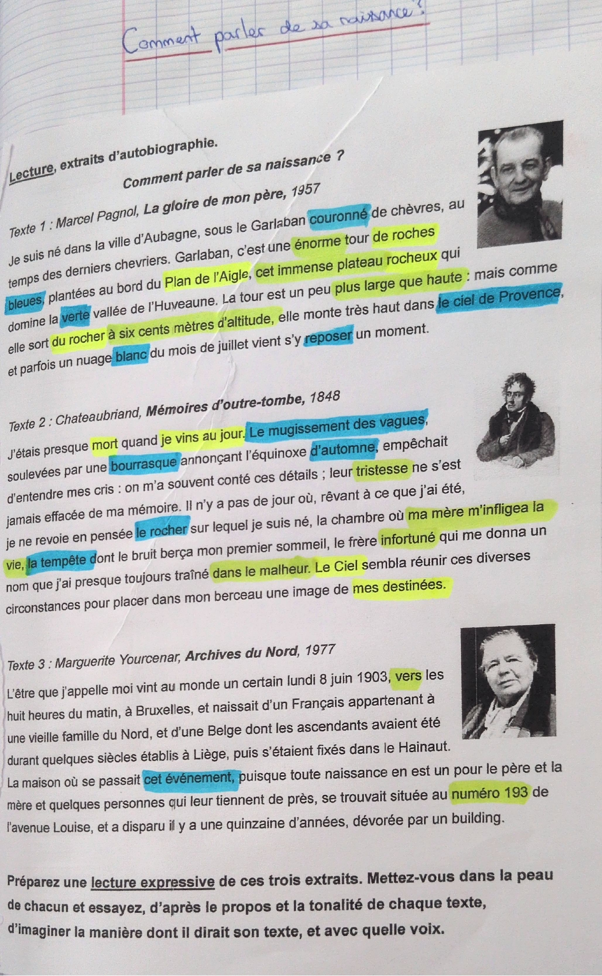 Fiche de lecture : extraits de Pagnol, Chateaubriand et Yourcenar, surlignés