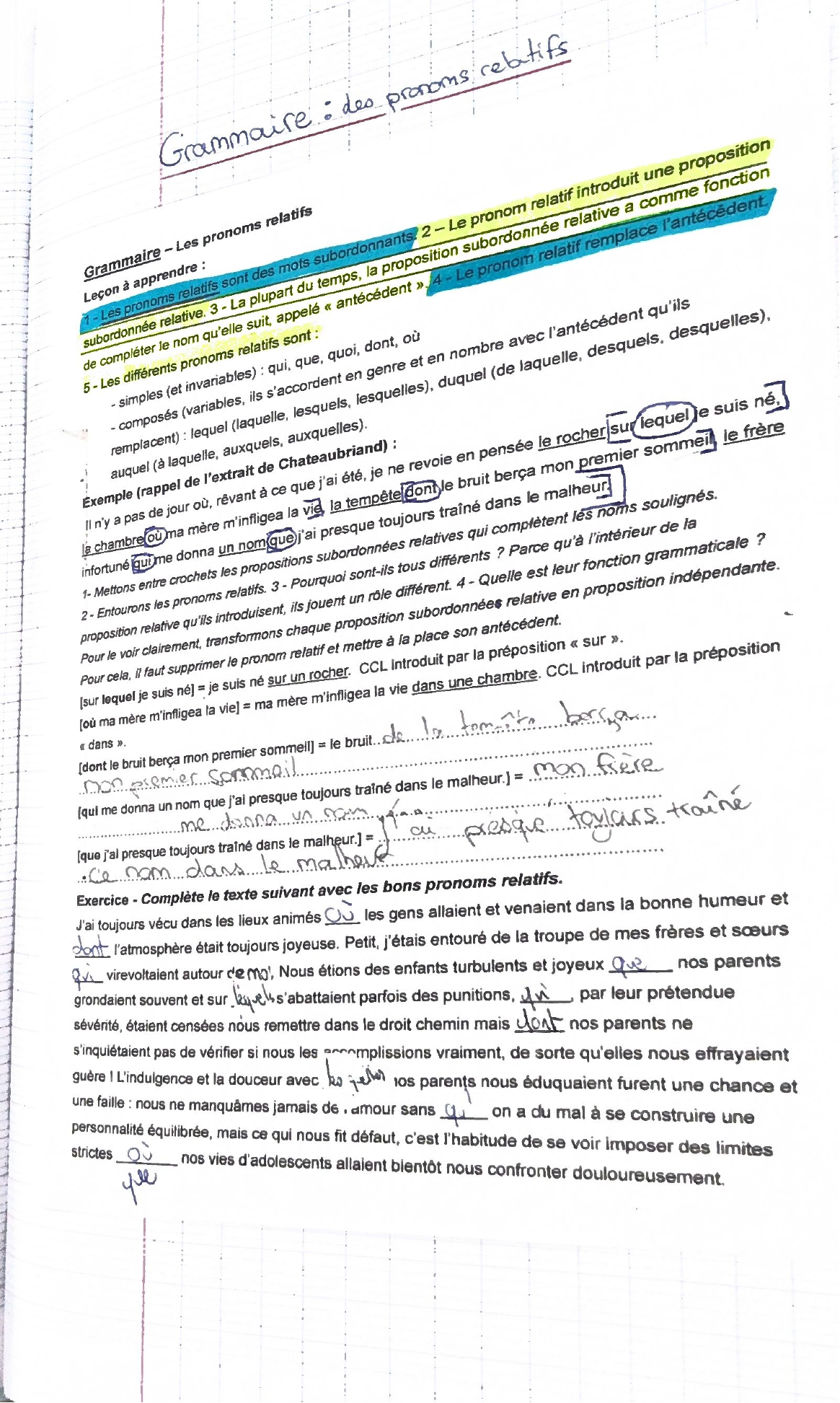 Leçon sur les pronoms relatifs et exercice complété