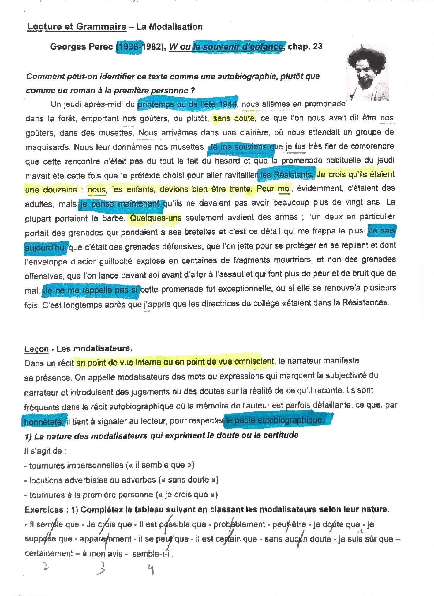 Extrait de Perec surligné et leçon sur les modalisateurs