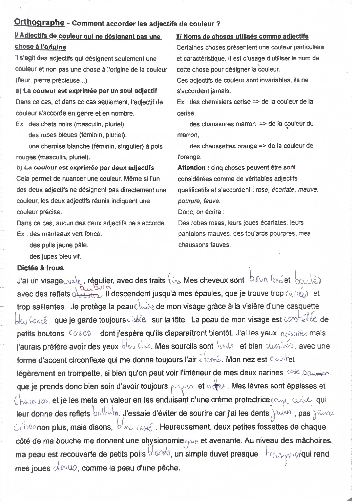 Leçon d’orthographe sur les adjectifs de couleur et dictée à trous