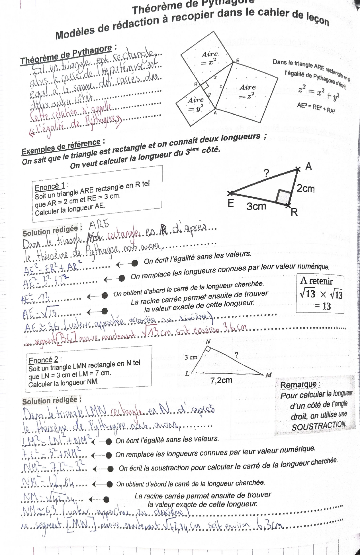 Modèles de rédaction du théorème de Pythagore, énoncés 1 et 2