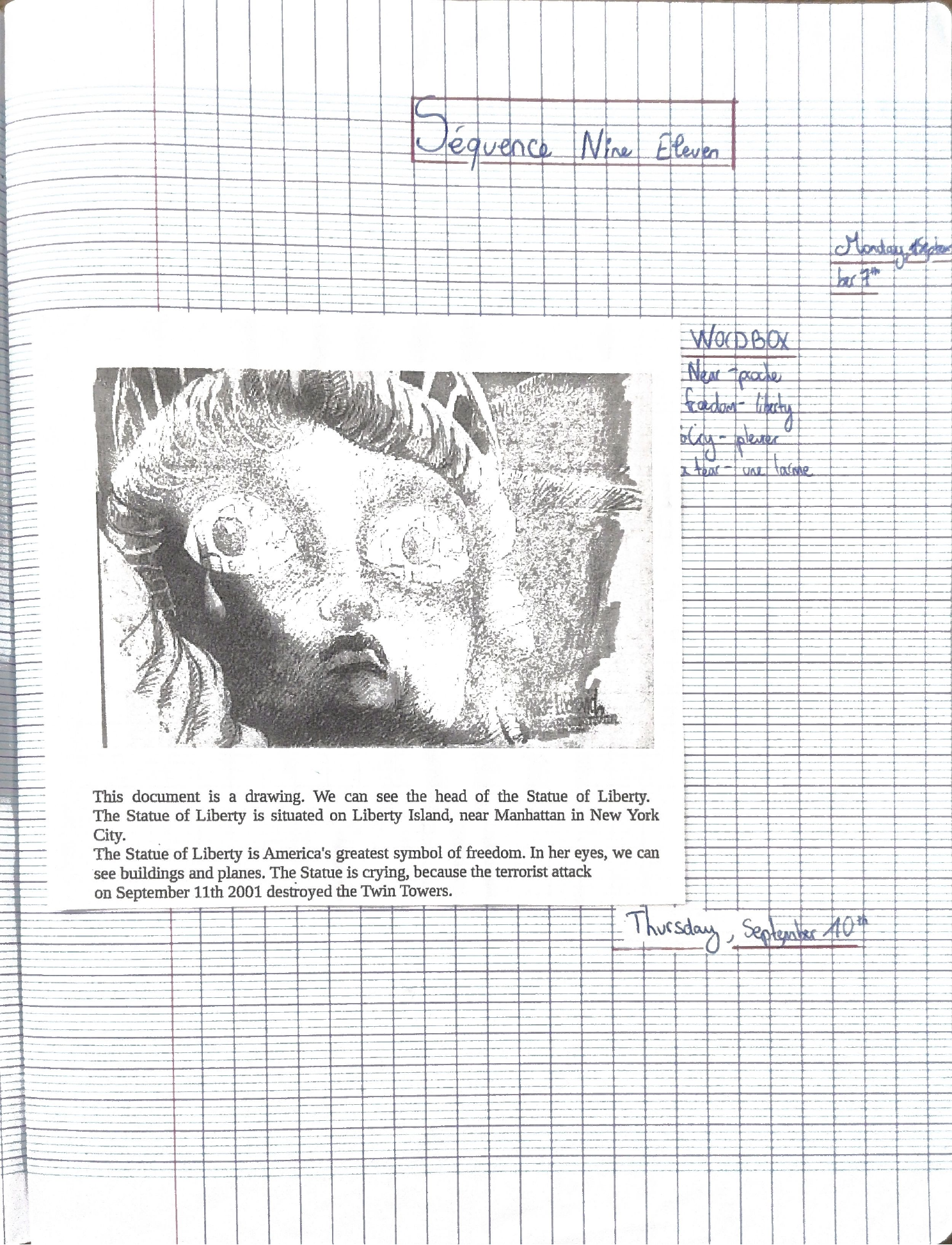 Page du cahier : dessin de la statue de la Liberté en pleurs, texte de description et wordbox