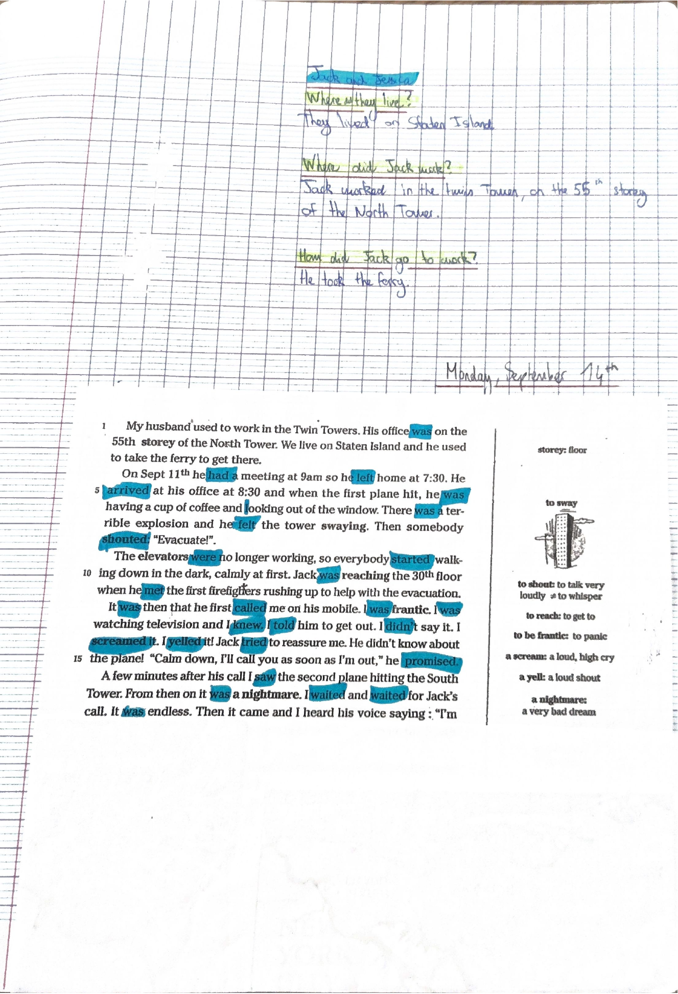 Texte du témoignage de Jessica, verbes au prétérit surlignés en bleu