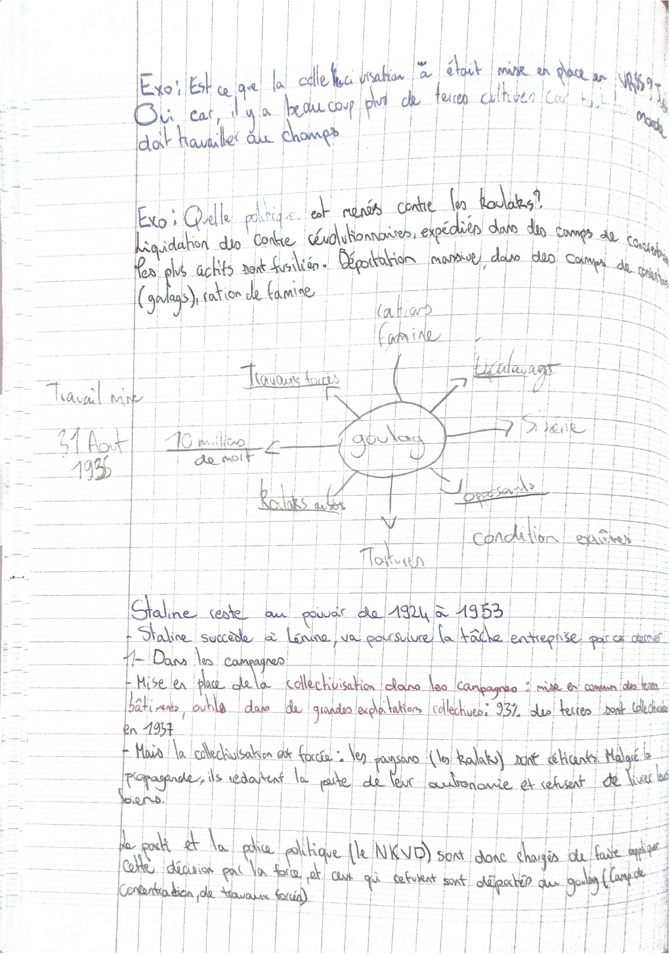 Page du cahier avec les deux exercices, le schéma du goulag et la collectivisation